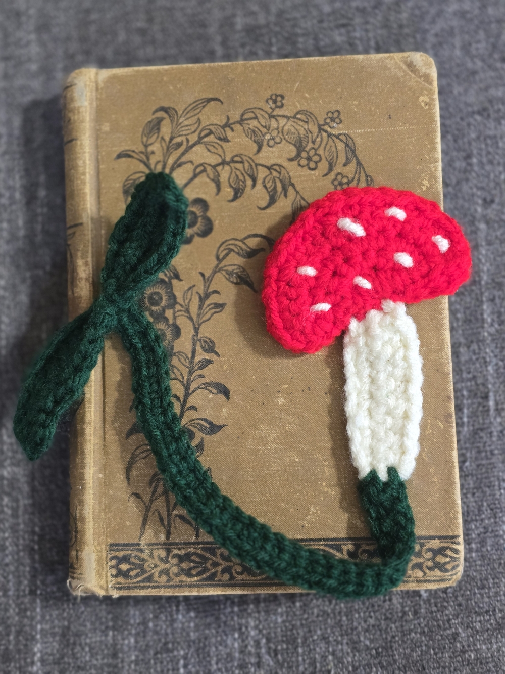 Handmade By Me Crocheted Mushroom Bookmark - Red & Green